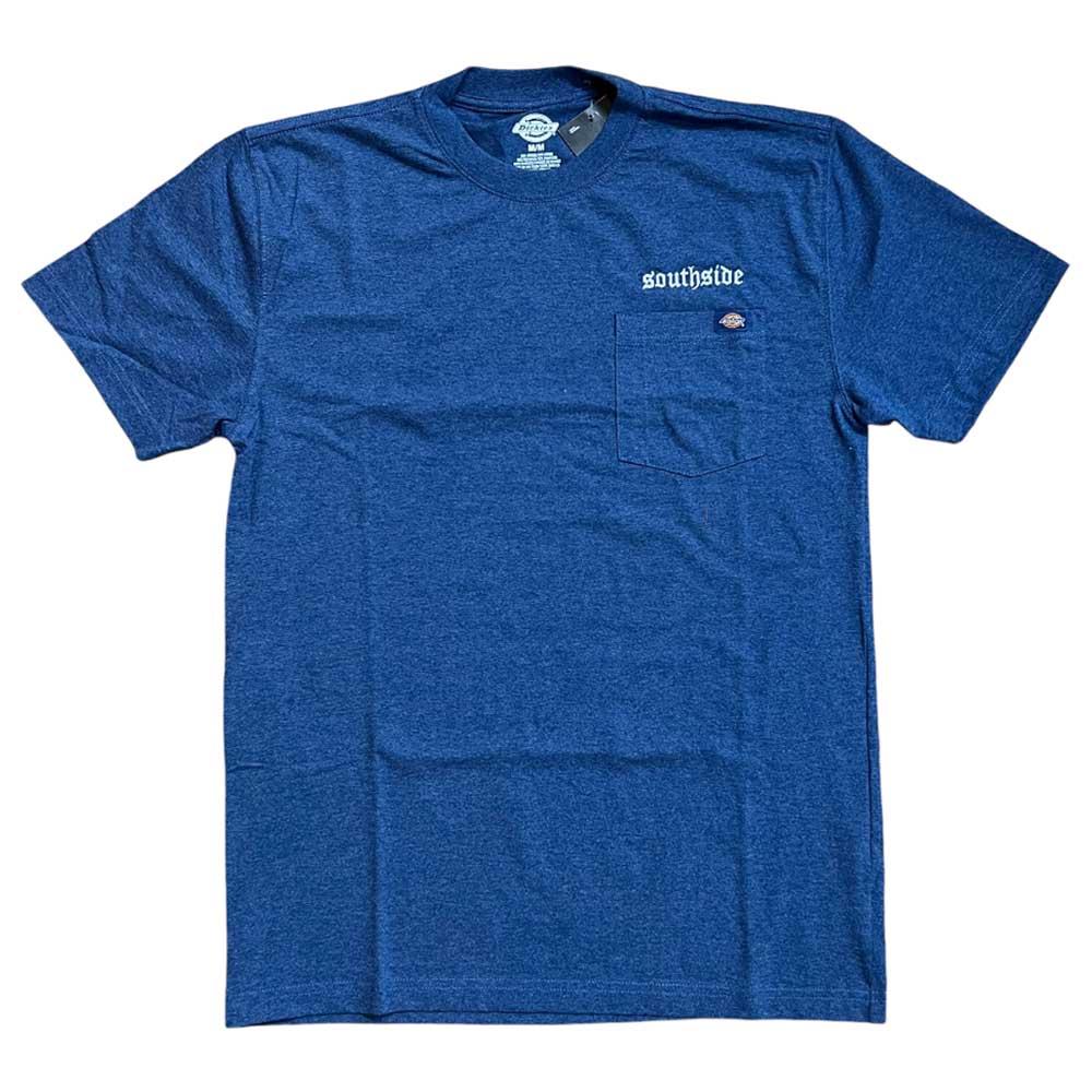 The Old English Heather Royal Southside x Dickies Skateboarding Tee Embroidered features a traditional fit, short sleeves, a left chest pocket, and "Southside" with a small circular logo embroidered above the pocket for classic style.