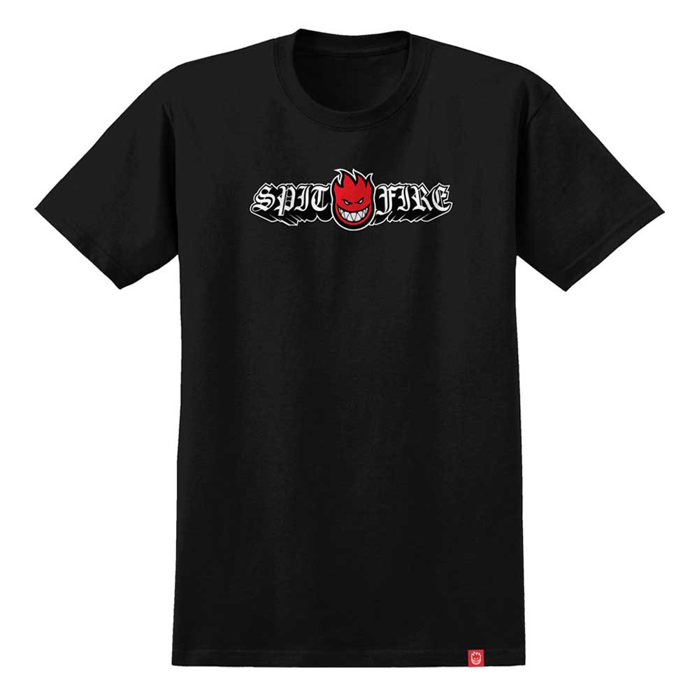 The Olde Drop Big Head YOUTH Tee by Spitfire Wheels features a bold SPITFIRE logo in white and a red cartoon Big Head flame graphic at the center of the chest, capturing classic Spitfire style in a black youth tee.