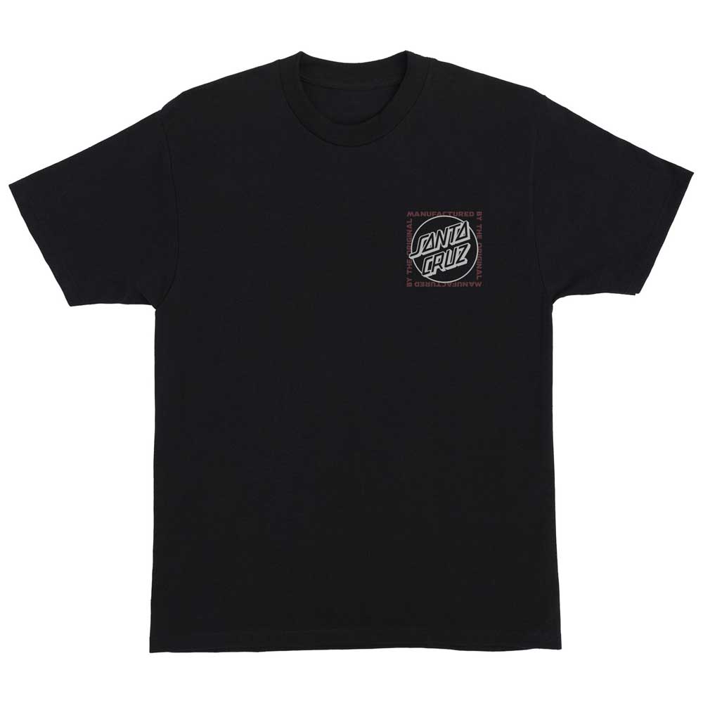 The Opus Squared Heavyweight T-Shirt is a black Santa Cruz tee for men, featuring a regular fit, short sleeves, and a small white and red circular logo on the left chest. The rest of the shirt remains plain for a clean look.