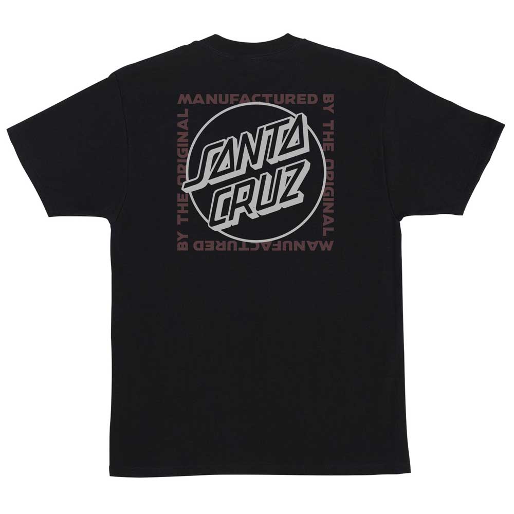 The Opus Squared Heavyweight T-Shirt is a black Santa Cruz tee for men, featuring a bold large logo on the back with "Manufactured by the Original" in red forming a square border—a classic skateboard apparel piece.