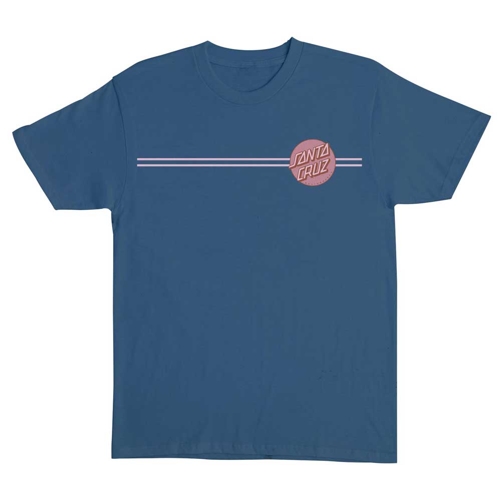The Other Dot Blue Dusk Gum Heavyweight Tee by Santa Cruz features two thin white and pink chest stripes and a pink circular Santa Cruz logo on the left chest.