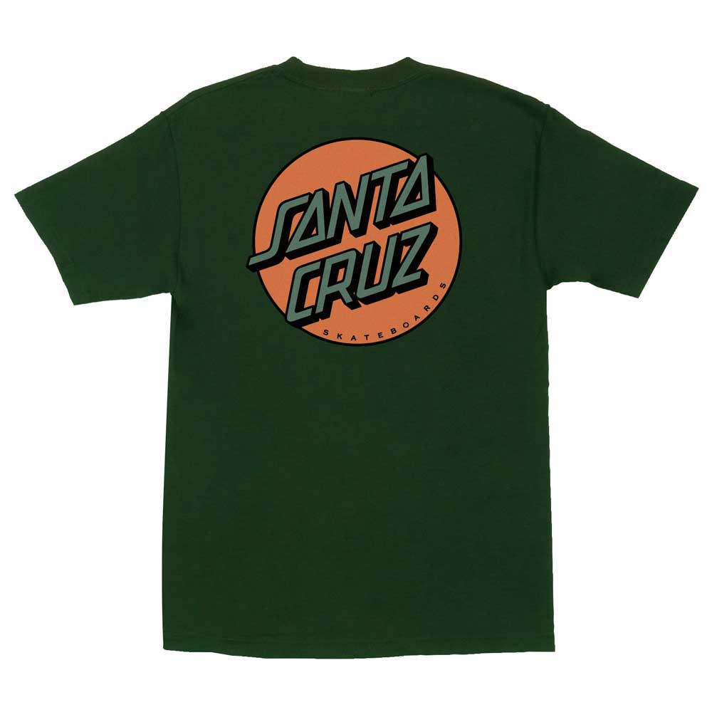 The Other Dot Forest Green Orange Heavyweight Tee by Santa Cruz features a bold orange circle on the back with "Santa Cruz" in stylized letters and "Skateboards" in smaller text, all on a durable heavyweight men's t-shirt.