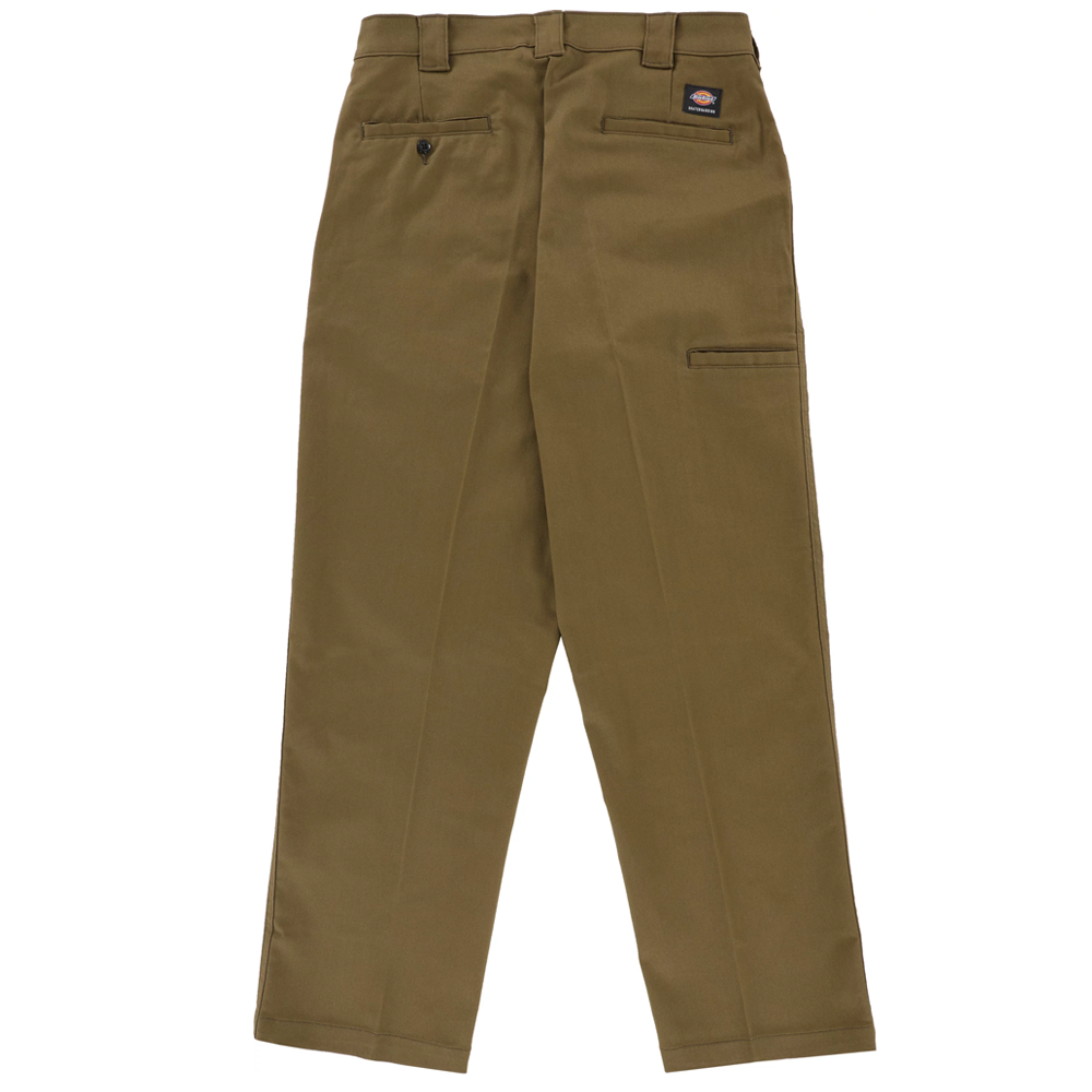 The P415315 Mike Anderson Dark Olive Twill Pant Dickies Skateboarding features belt loops, side and back pockets, and a stitched label on the right back pocket. These durable work pants are shown laid flat on a white background.