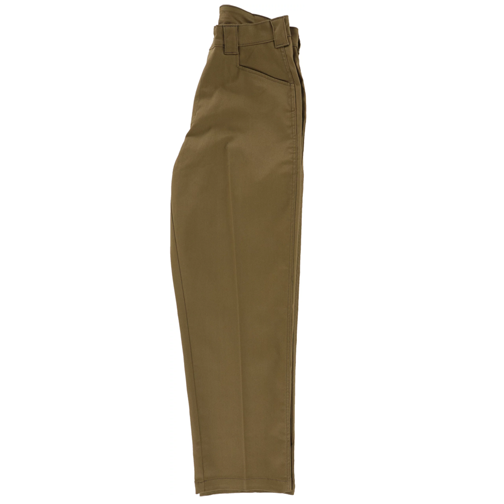 The P415315 Mike Anderson Dark Olive Twill Pant by Dickies Skateboarding is a high-waisted, straight-leg pant with belt loops and front pockets, shown from the side against a white background.