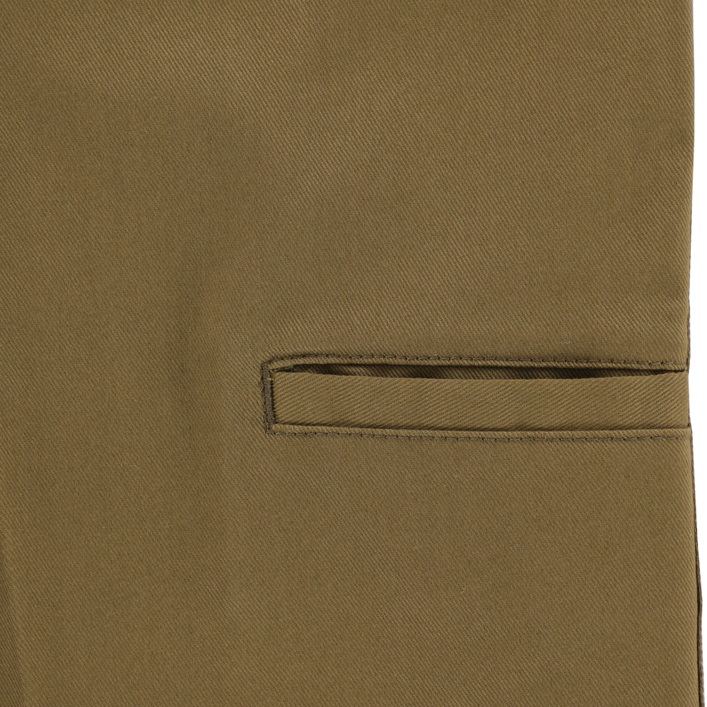 Close-up of the Mike Anderson Dark Olive Twill Pant by Dickies Skateboarding, showing a horizontal welt pocket with clean stitching and smooth, durable fabric that highlights the pant’s quality.