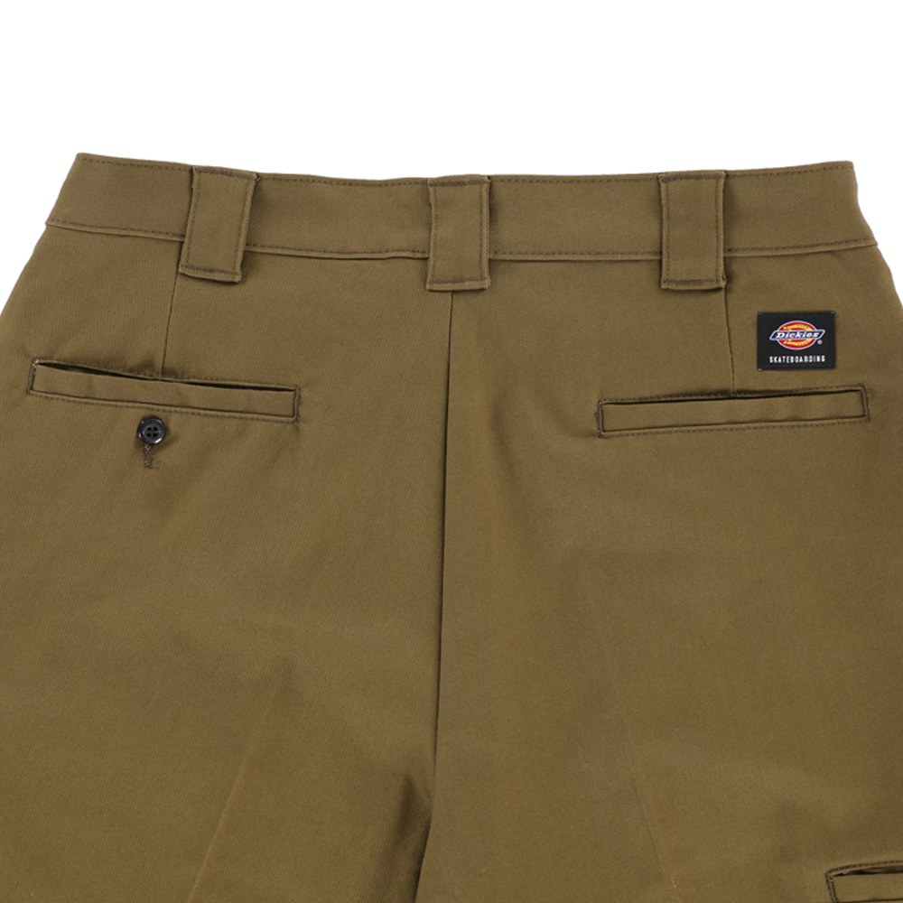 Close-up of the back of the P415315 Mike Anderson Dark Olive Twill Pant by Dickies Skateboarding, featuring two welt pockets (one with a button), belt loops, and a small Dickies logo patch on the waistband.