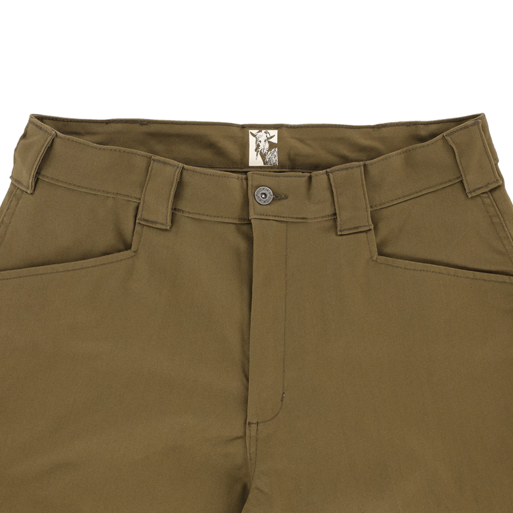 Close-up view of the waistband and front of the P415315 Mike Anderson Dark Olive Twill Pant by Dickies Skateboarding, featuring belt loops, button closure, and zipper fly.