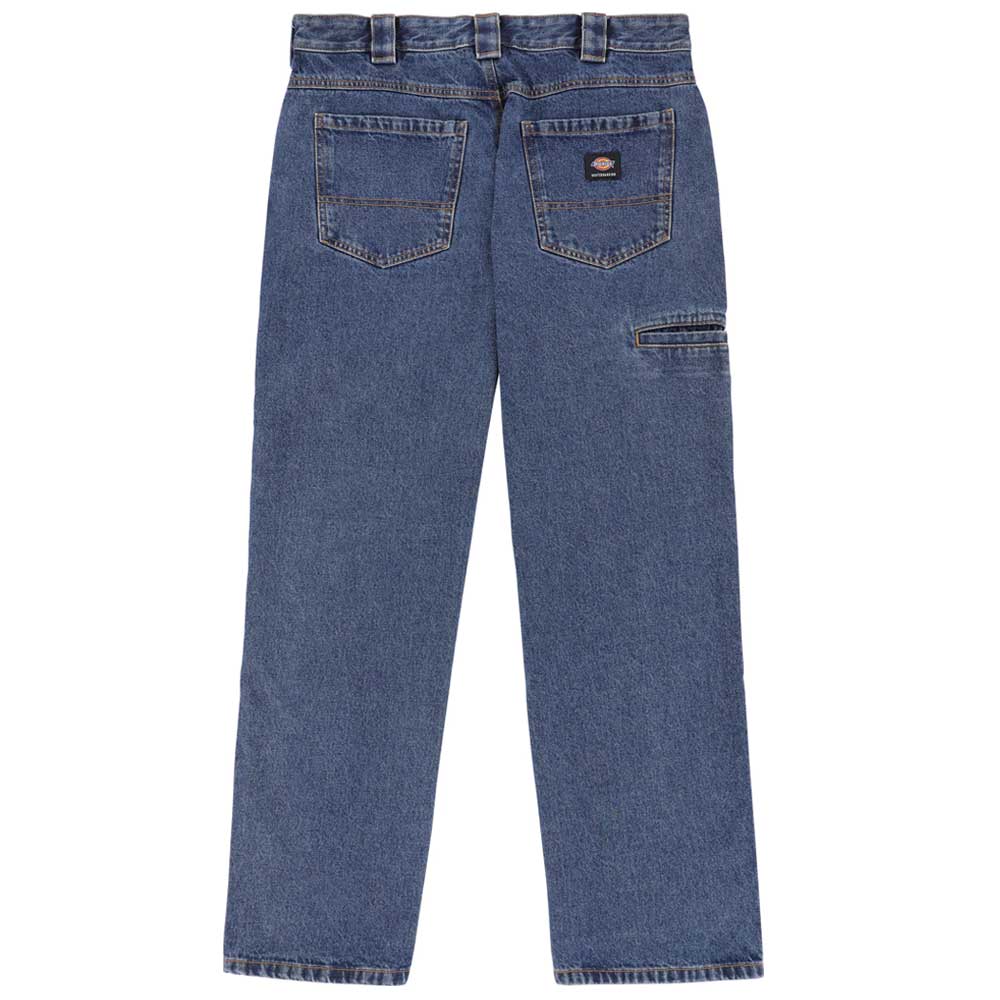 The P415316 Mike Anderson Stonewashed Denim Jean by Dickies Skateboarding is a classic loose fit blue denim with two back pockets, a small right tool pocket, and a brown Dickies label—perfect baggy jeans for skating.