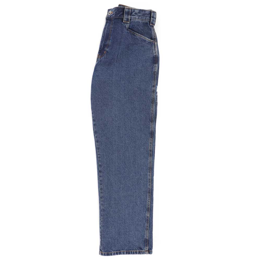 The P415316 Mike Anderson Stonewashed Denim Jean from Dickies Skateboarding is shown laid flat from the side, highlighting its loose fit, full leg length, waistband, belt loops, and pocket stitching.