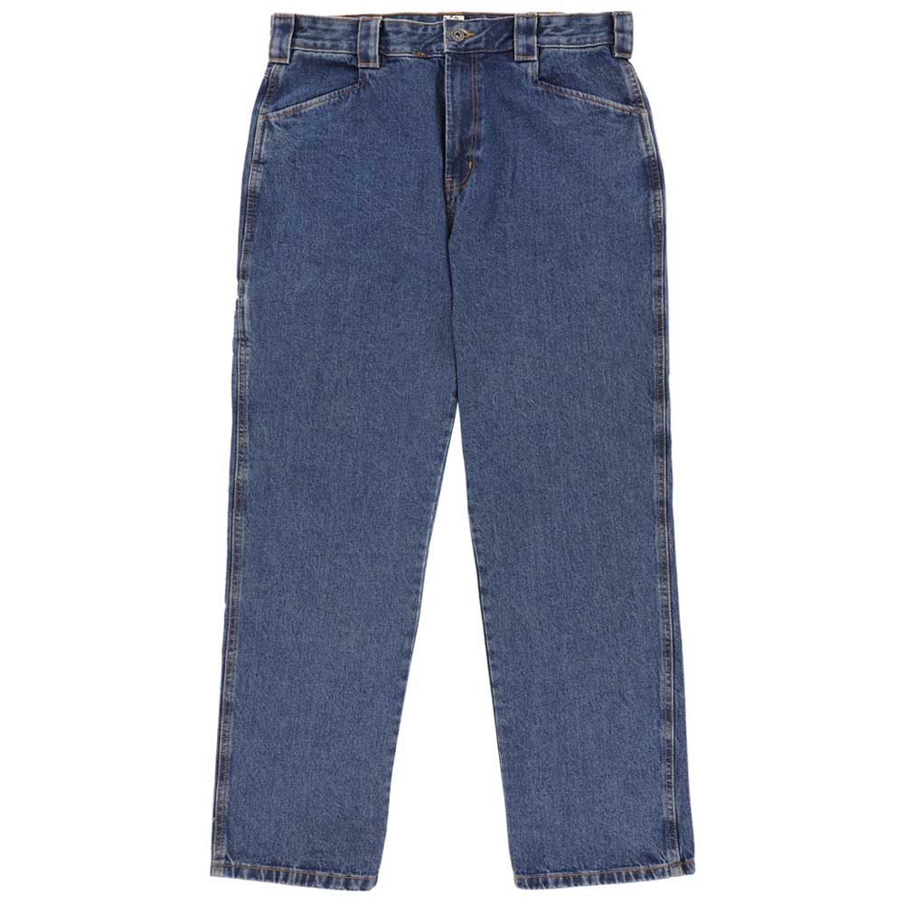 The P415316 Mike Anderson Stonewashed Denim Jean by Dickies Skateboarding features blue, loose fit, straight-leg denim with a front zipper and button closure, belt loops, and two front pockets—ideal classic jeans for skateboarding.