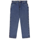 The P415316 Mike Anderson Stonewashed Denim Jean by Dickies Skateboarding features blue, loose fit, straight-leg denim with a front zipper and button closure, belt loops, and two front pockets—ideal classic jeans for skateboarding.