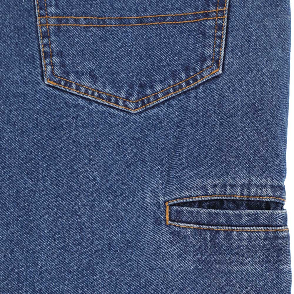 Close-up of the P415316 Mike Anderson Stonewashed Denim Jean by Dickies Skateboarding, featuring blue denim with a back pocket outlined in orange stitching and a horizontal slit pocket with matching detail.