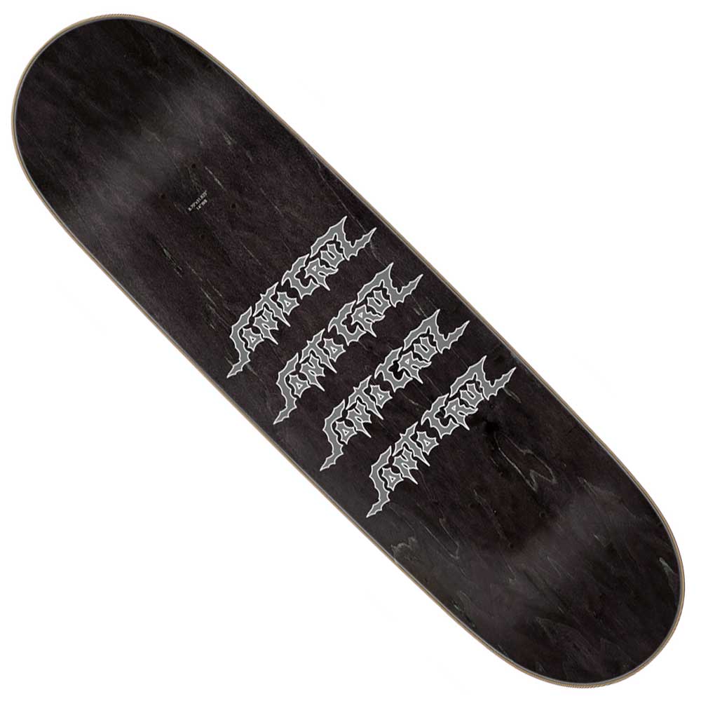 The Pace Deathtrap Remix Pro 8.7in x 31.825in skateboard deck from Santa Cruz Skateboards features a black background with a bold, repeated white graphic of stylized, jagged text arranged diagonally across the center. Built with durable 7-ply construction and a medium concave, this deck ensures optimum performance and resilience.