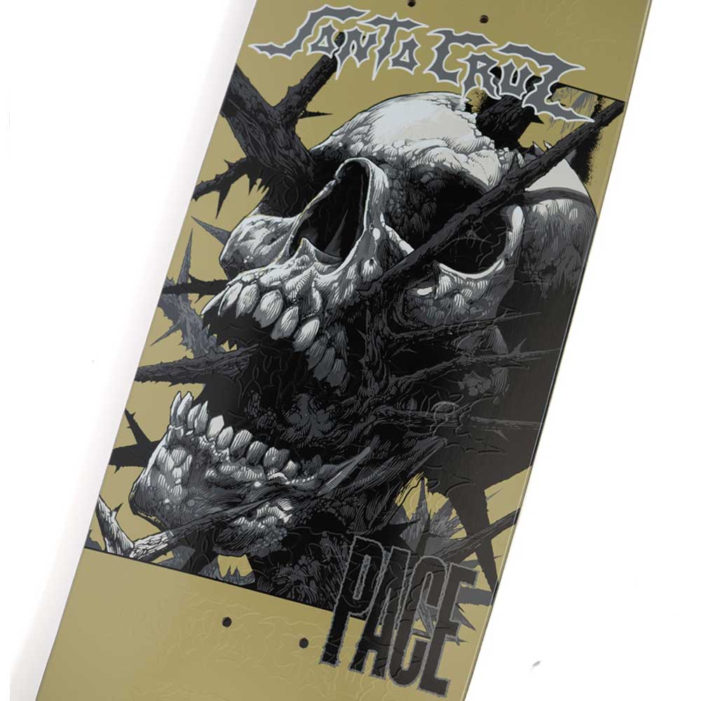 Introducing the Pace Deathtrap Remix Pro 8.7in x 31.825in Santa Cruz Deck – a 7-ply skateboard deck from Santa Cruz Skateboards, showcasing a striking graphic of a large, detailed human skull wrapped in black thorns. The words “Santa Cruz” and “Pace” appear prominently on the muted olive background, while its medium concave profile ensures optimal control for every ride.