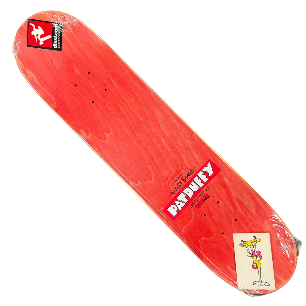 The Pat Duffy Number 1 of 400 Guest Krooked Deck 7.6x31.25 is a red deck featuring a white bird drawing and “PARADEHY” in bold white letters. This collectible is new and still wrapped in plastic.