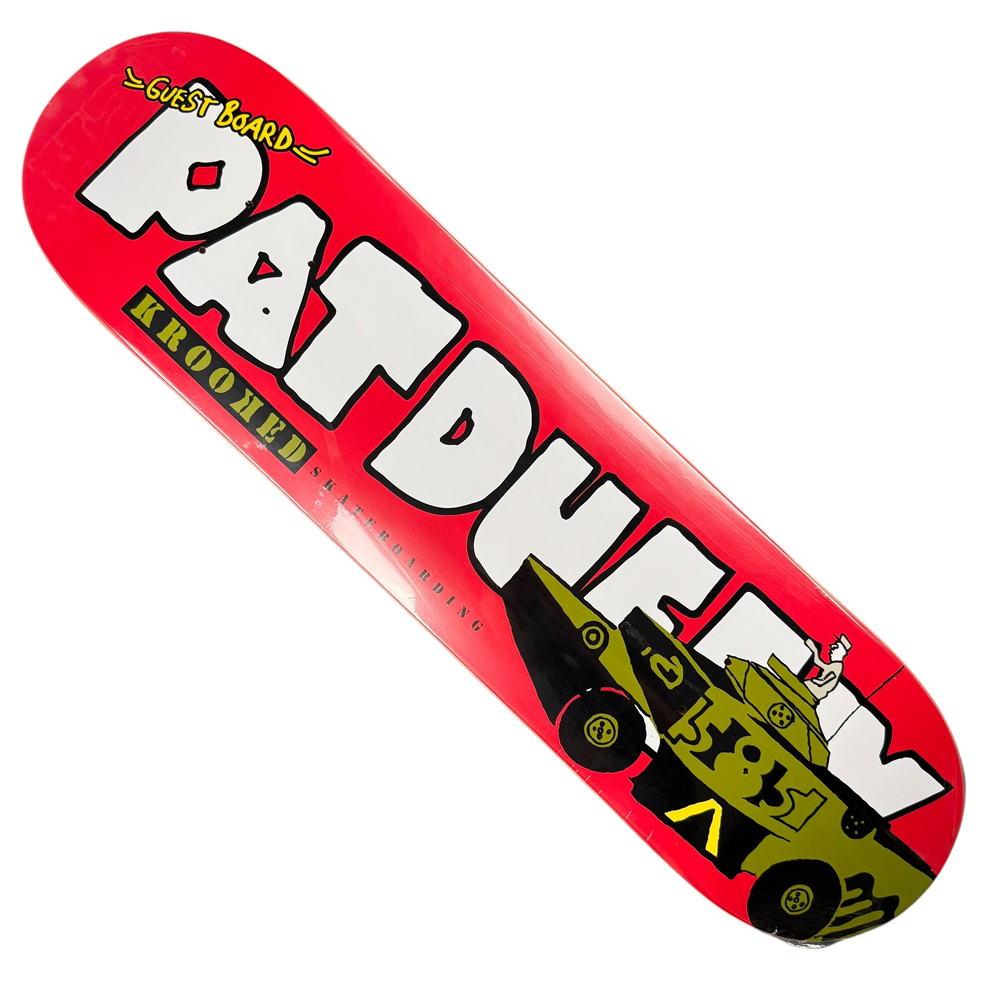 The Pat Duffy Number 1 of 400 Guest Krooked Deck (7.6x31.25) features bold white "PAT DUFFY" lettering, "GUEST BOARD" and "KROOKED," plus a cartoon yellow tank with rider—a unique collectible for skateboard fans.