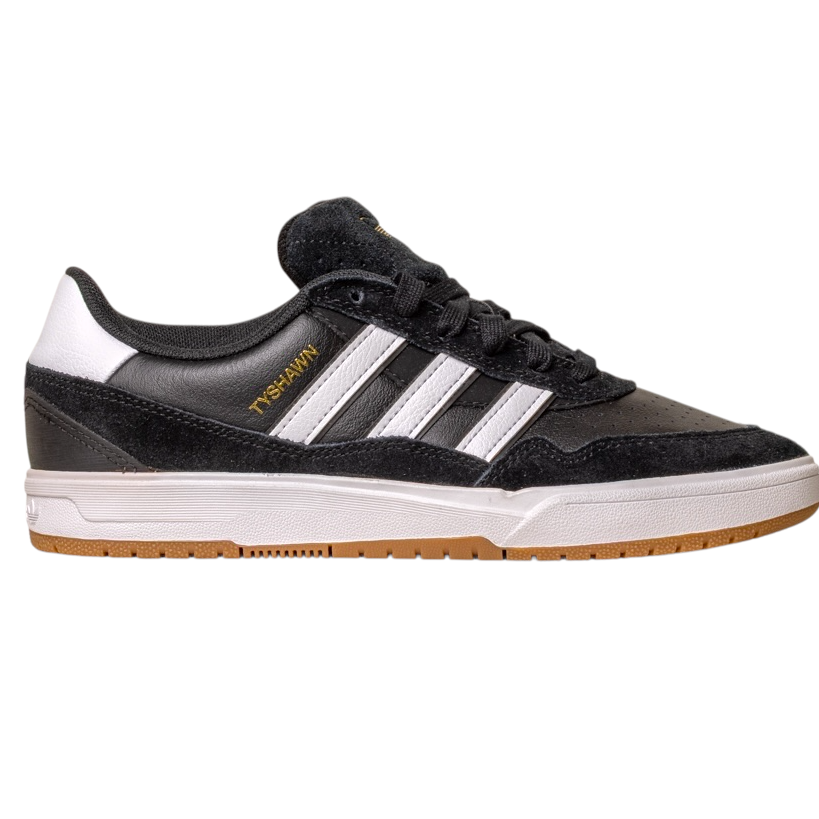 The JI 0846 Black White Gum Tyshawn 2 II Adidas Skateboarding Shoe features a black and white leather-suede upper, white stripes, gold accents, a white midsole, and a light brown rubber outsole, shown in side profile view.