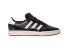 The JI 0846 Black White Gum Tyshawn 2 II Adidas Skateboarding Shoe features a black and white leather-suede upper, white stripes, gold accents, a white midsole, and a light brown rubber outsole, shown in side profile view.