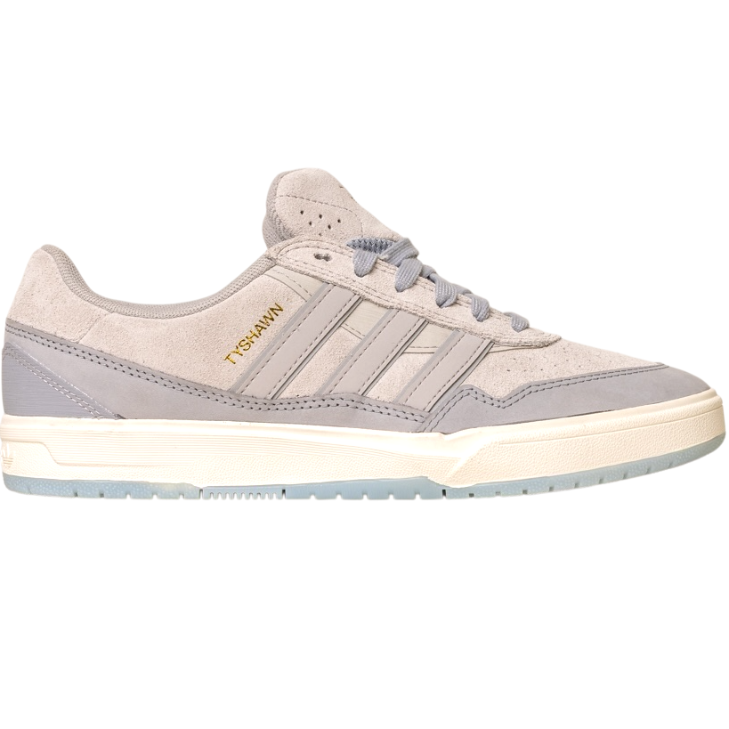 The JI0848 Granite White Tyshawn 2 II Adidas Skateboarding Shoes feature light gray suede and leather panels, gold TYSHAWN text, three stripes, plus a white and light blue rubber sole.