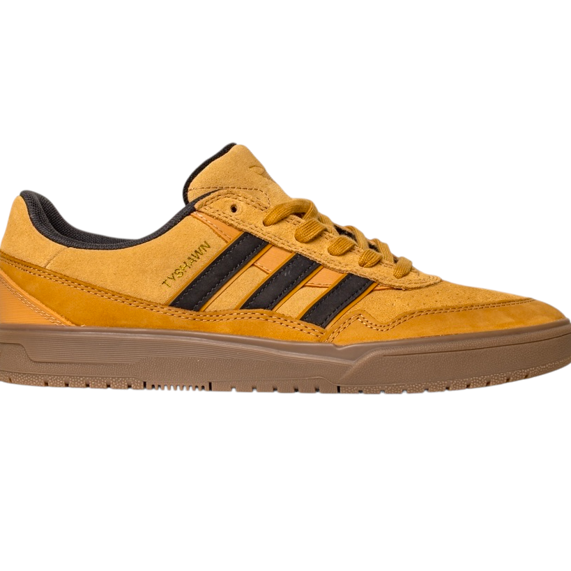 The JI0851 Mesa Black Gum Tyshawn 2 Adidas Leather Suede Skateboarding Shoe is shown in side profile, featuring mustard yellow suede with black stripes, a brown outsole, and cupsole construction on a white background.
