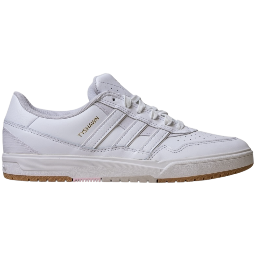The JQ1130 Cloud White Tyshawn 2 Adidas Leather Skateboarding Shoe features a white design with light gray accents, gold TYSHAWN text, three stripes, and a tan cupsole. Displayed from the side on a plain white background.