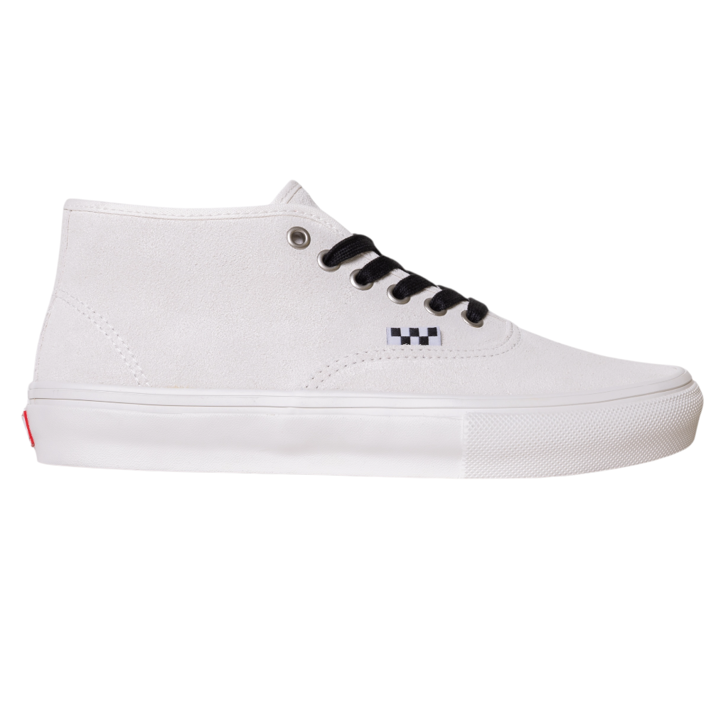 The VN000EJSJVY Blanc de Blanc Authentic Mid Vans Skate Suede Shoe is a white suede high-top with black laces, a small checkerboard side detail, and a thick vulcanized white rubber sole, shown from the side on a plain white background.