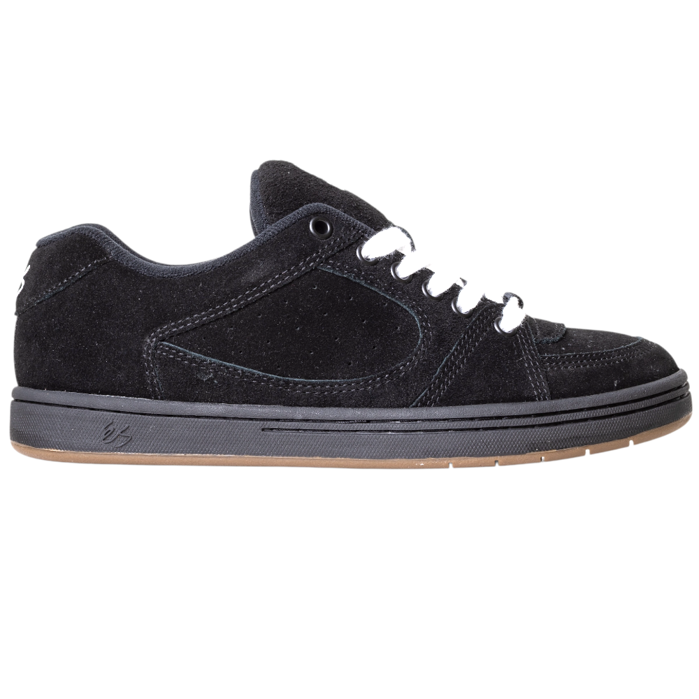 The Accel Black Noir Es Shoes feature black suede, white laces, low-top design, a black sole with brown gum bottom—showcasing the iconic cupsole skateboarding style of the original 1995 Accel.