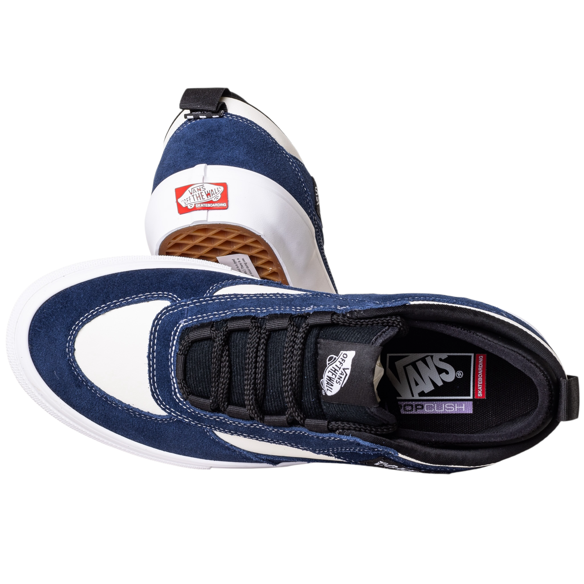 A pair of VN000EEHFRP Skate Safe Low Navy Marshmallow Vans Skate Suede Rubber Shoes: one upright showing the blue and white upper with black laces, the other flipped to display the brown waffle sole and Vans heel logo.