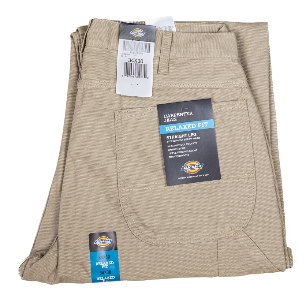 A folded pair of Dickies 1939 Rinsed Desert Sand Duck Relaxed Utility Jean Denim Pants, size 34x30, for men’s skateboarding, with tags and straight legs, is displayed on a white background.