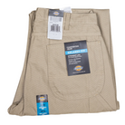 A folded pair of Dickies 1939 Rinsed Desert Sand Duck Relaxed Utility Jean Denim Pants, size 34x30, for men’s skateboarding, with tags and straight legs, is displayed on a white background.