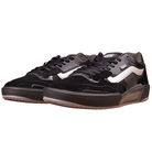 The VN000DA1B5T1 Black Metallic Skate Ave 2.0 Vans Suede Skateboarding Shoes feature black low-tops with white side stripes, black laces, textured soles, and a suede-mesh mix for high-performance skateboarding.