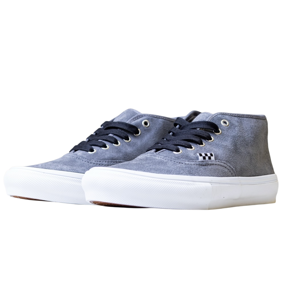 The Skate Authentic Mid Vans VN000EJSPWT1 Pewter Suede Skateboarding Shoes feature a gray suede upper, white rubber soles, black laces, and a small black-and-white checkered side detail, shown on a plain white background.