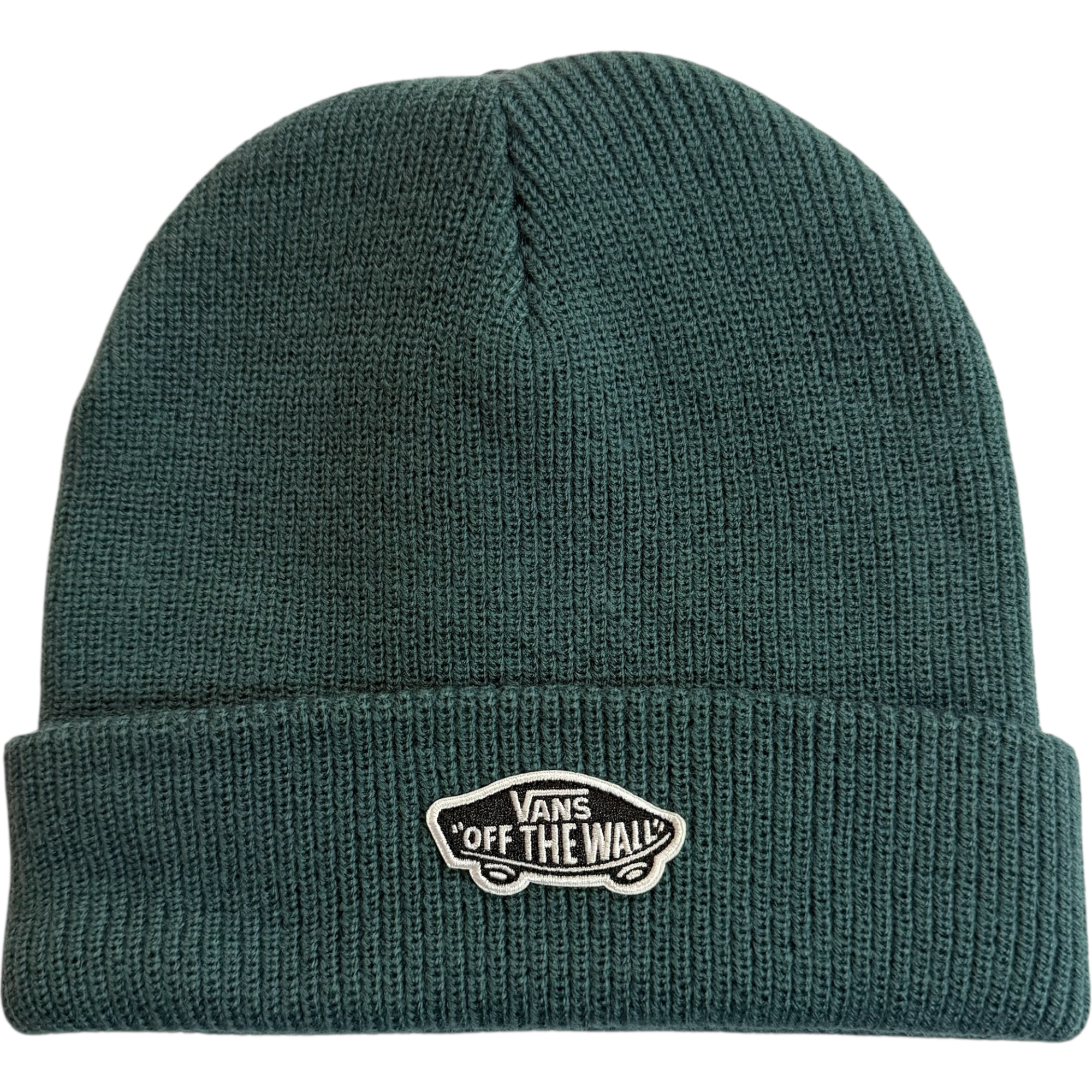 The Vans Beanie Clasic Cuff Mystic Moss VN000QB2FRJ is a dark green knit beanie with a folded brim, featuring a white and black Vans Off The Wall logo patch on the front.