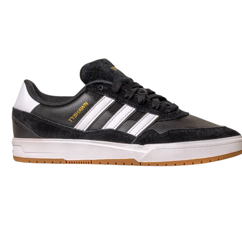 The JI 0846 Black White Gum Tyshawn 2 II Adidas Skateboarding Shoe features black and white premium leather suede, white stripes, gold Tyshawn II text, a white midsole, and light brown gum outsole, shown on a white background.