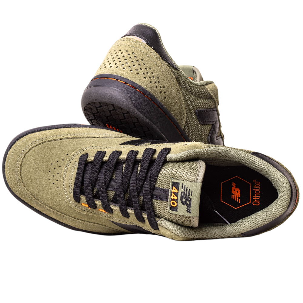 A pair of 440NL2 Dark Olivine Black New Balance Numeric Suede Skateboarding Shoes—one upright displaying the laces, the other on its side showcasing the sturdy sole, heel details, and ABZORB midsole.