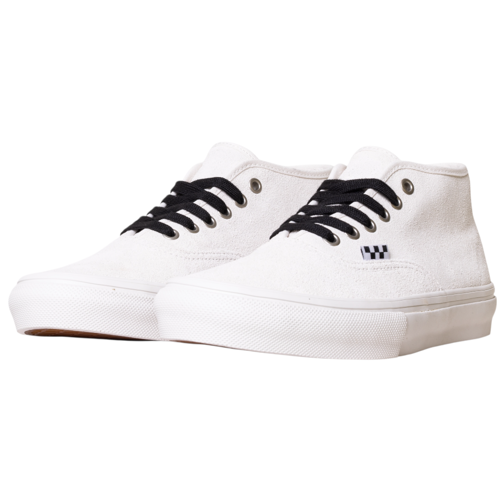 The VN000EJSJVY Blanc de Blanc Authentic Mid Vans Skate Suede Shoes feature white canvas, black laces, white rubber soles, a black and white side design, metal eyelets, and a classic, durable vulcanized construction.