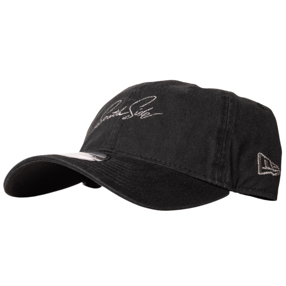 The Southside Pewter Script Strapback 920 Hat by New Era is a black cap with a curved brim, white Southside script embroidery on the front, and a stitched New Era logo on the left side above the ear.