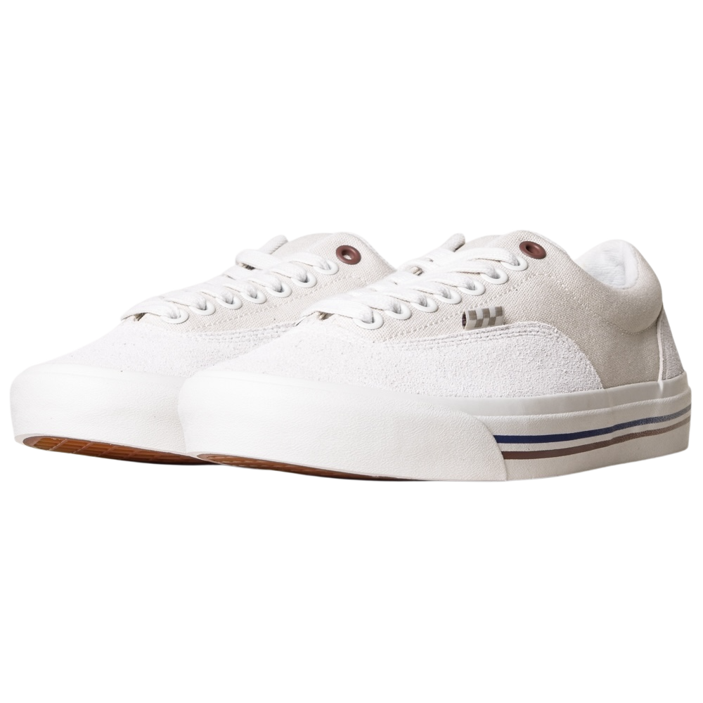 The VN000DA3TUP1 Dime Skate Era Stub Taupe Vans Suede Skateboarding Shoes feature textured uppers, white laces, and thick white soles with a thin black stripe—offering classic style for any Vans fan.
