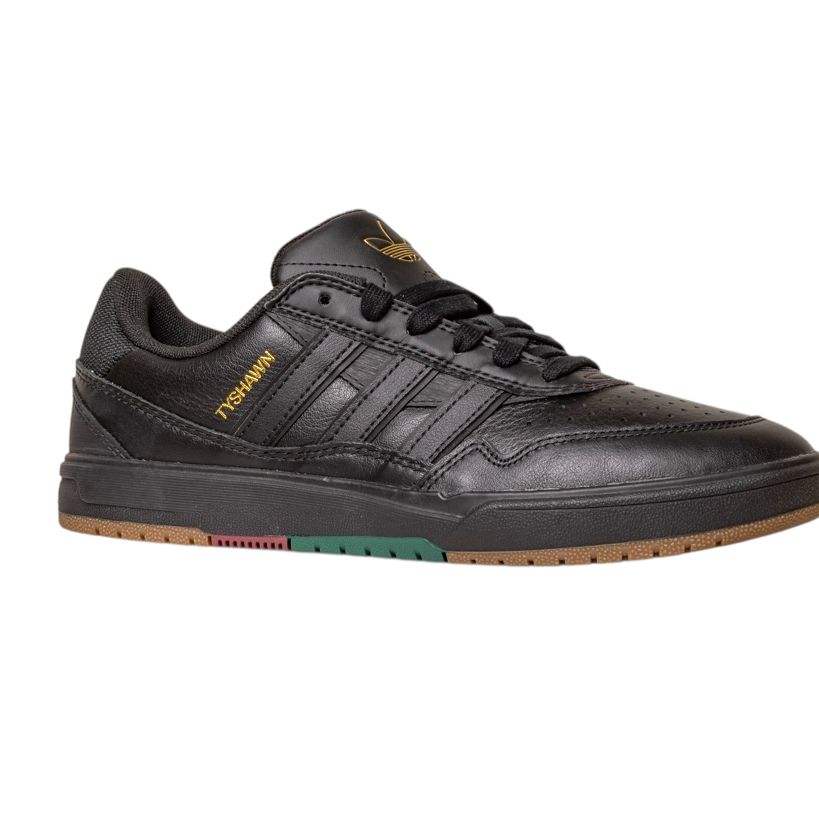 The Tyshawn 2 II Adidas Skateboarding Shoes feature a core black leather upper, gold "The Gimmm" text, black laces and stripes, a gum sole with green and red accents—ideal for fans of classic Leather Skate Shoes.