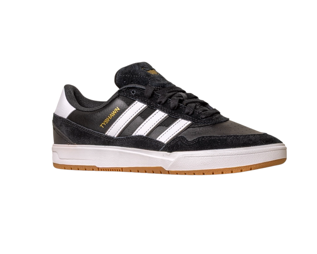 The JI 0846 Black White Gum Tyshawn 2 II Adidas Skateboarding Leather Suede Shoe features black and white colors, white stripes, gold “PSHANAWN” text, black laces, and a light brown gum sole, shown on a white background.