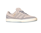 The JI0848 Granite White Tyshawn 2 II Adidas Skateboarding Shoes feature light gray suede and leather, three side stripes, gold THE VELVET text, and a white sole with a light blue bottom, shown on a white background.