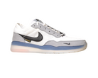 The FV8493004 Grey White PS8 Nike SB Leather Knit Shoes feature a white and gray design, black swoosh, blue-tinted translucent sole, gray suede accents, yellow VNKIT detail, and Air Zoom cushioning for comfort.