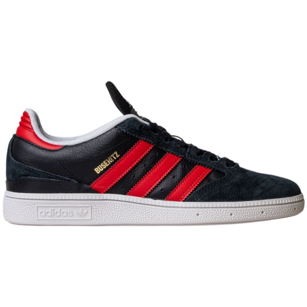 The JH8606 Black Betsc Busenitz Adidas Skateboarding Suede Shoes feature red stripes, a white sole, gold Busenitz text, a black tongue, and white-red heel accents for classic style inspired by the original design.
