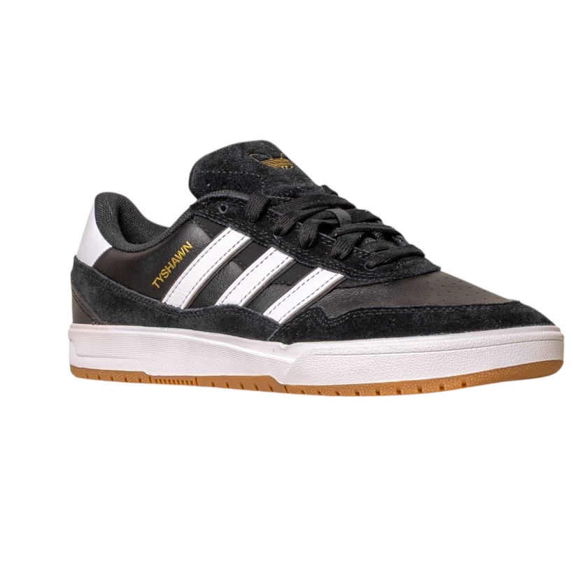 The JI 0846 Black White Gum Tyshawn 2 II Adidas Skateboarding Shoes feature premium leather suede, three white stripes, gold TYSHAWN text, a white midsole, and a light brown rubber outsole for style and performance.