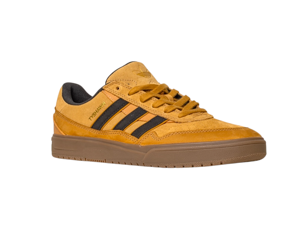 The JI0851 Mesa Black Gum Tyshawn 2 Adidas leather suede skateboarding shoe features black stripes, durable cupsole construction, a gum sole, and TYSHAWN in gold on the side, shown on a white background.
