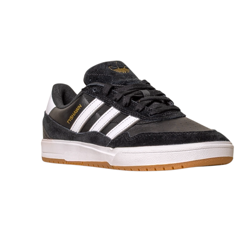 The JI 0846 Black White Gum Tyshawn 2 II Adidas Skateboarding Shoe features black leather and suede, three white stripes, gold HANDBALL text, a white midsole, and a gum rubber outsole, isolated on a white background.