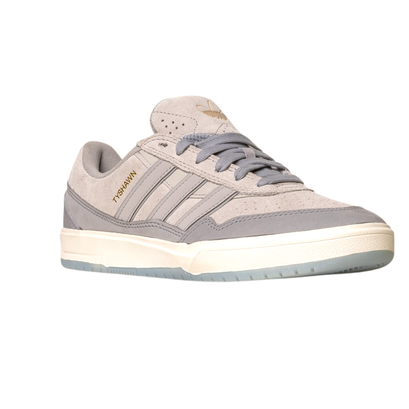 The JI0848 Granite White Tyshawn 2 II Adidas Skateboarding Shoe features gray leather and suede, a white sole, light blue outsole, and gold HANDBALL text on the side, shown against a plain white background.