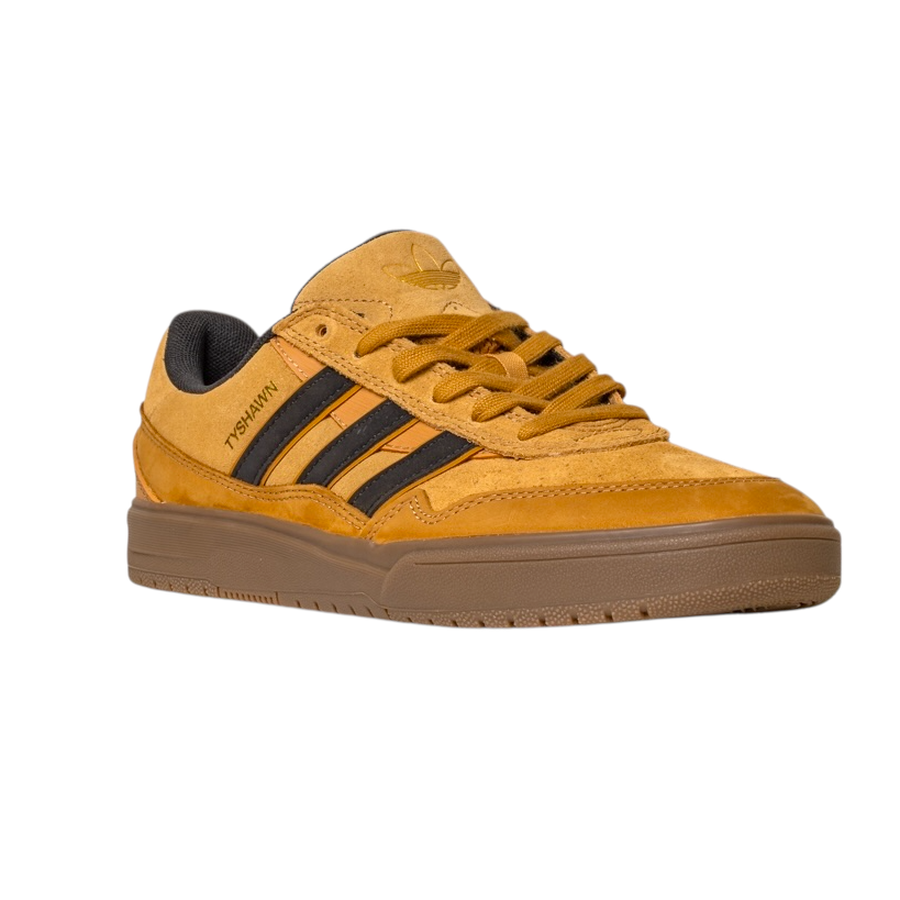 The JI0851 Mesa Black Gum Tyshawn 2 II Adidas Leather Suede Skateboarding Shoes feature a mustard yellow and black design, brown gum cupsole, black stripes, and matching yellow laces, shown from a front-side angle on a white background.
