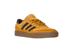 The JI0851 Mesa Black Gum Tyshawn 2 II Adidas Leather Suede Skateboarding Shoes feature a mustard yellow and black design, brown gum cupsole, black stripes, and matching yellow laces, shown from a front-side angle on a white background.