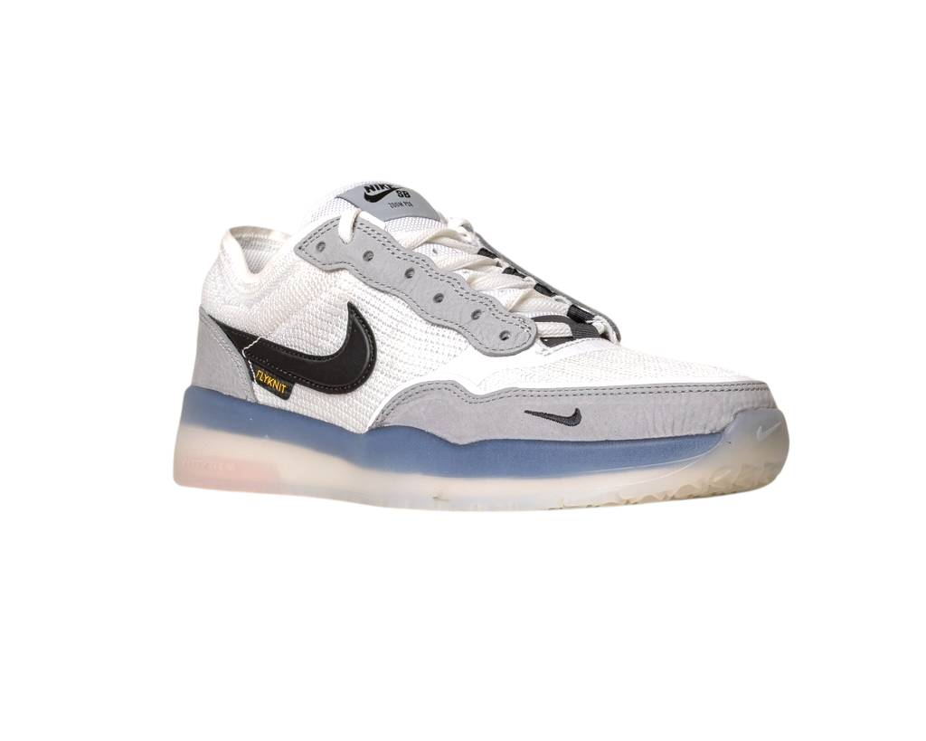 The FV8493004 Grey White PS8 Nike SB Leather Knit Shoes feature a white and gray design, black swoosh, mesh and gray suede accents, translucent sole, and Air Zoom cushioning, shown on a white background.